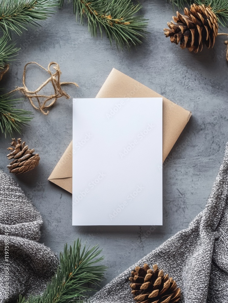 Poster blank greeting card and envelope surrounded by pine cones and greenery on a textured surface ideal f