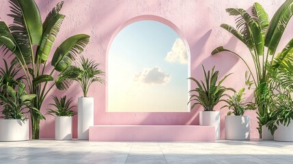 Fototapeta premium Pink Paradise: Tropical Plants Frame a Pink Archway with a View: A serene and stylish scene featuring lush tropical plants flanking a pink arched doorway, revealing a tranquil sky beyond.