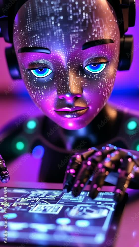 Poster futuristic robot engaged in high-tech programming at a vibrant workspace with colorful lights illumi
