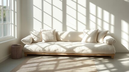 Bright Minimalist Living Room with Soft Sofa and Light Patterns