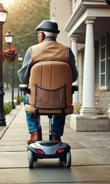 Elderly man using mobility scooter on a sunny sidewalk in an urban setting