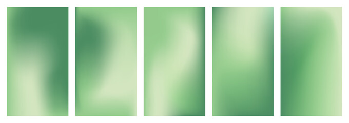 Collection of soft green colored gradient backgrounds in blur aura effect. Spring wallpaper covers for digital designs, presentations, creative projects.