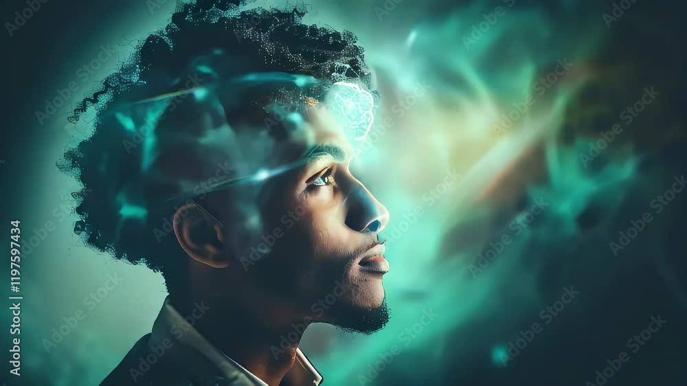Aufkleber video of human profile with abstract neural network graphics overlaid, glowing lines on a colorful b