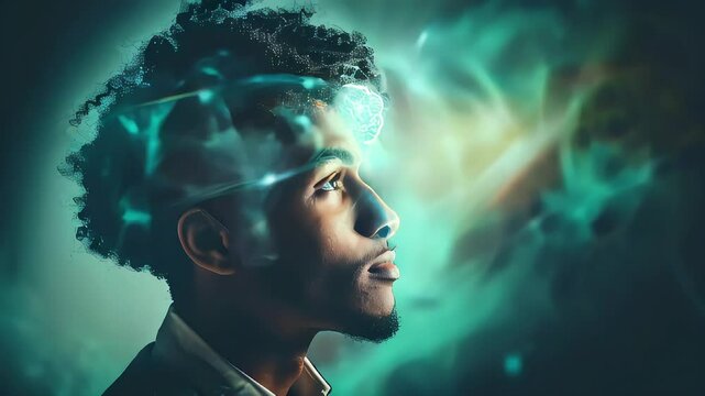 Video of human profile with abstract neural network graphics overlaid, glowing lines on a colorful background. Concept of creativity and contrast and emotional intelligence