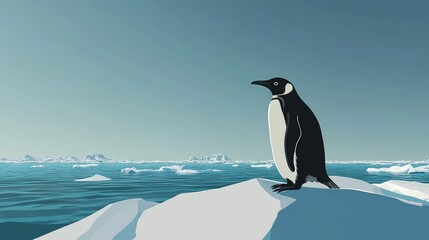 Obraz premium A cute penguin on ice rocks in the polar region with a snowy and winter background