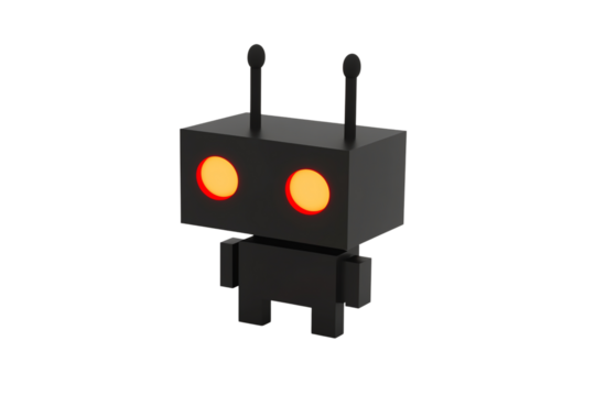 A small, blocky robot figure with glowing orange eyes and antennae, featuring a simple, cartoonish design.