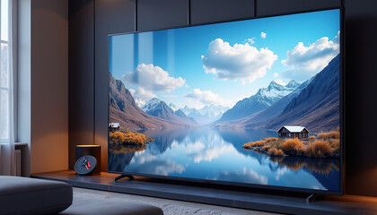Fototapeta premium Stunning 3D TV with a breathtaking landscape view displayed in a modern living room, featuring mountains and a serene lake, enhancing contemporary decor.
