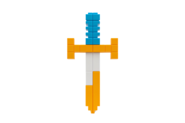 A colorful, blocky sword design featuring a blue handle, orange hilt, and white blade, resembling a toy or pixel art creation.