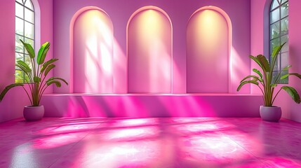Pink Minimalist Interior Design: A minimalist interior with a pink color palette and arched windows. The warm light streaming through the windows creates a soft and inviting atmosphere.