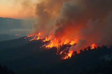 Fototapeta premium A wildfire consuming a dense forest, with glowing embers and a thick cloud of smoke filling the air, creating a dramatic and cinematic scene