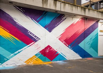 A full outdoor shot of a colorful mural painted on a concrete wall.