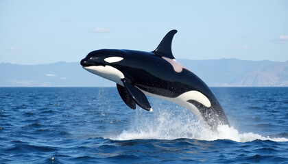 Fototapeta premium A killer whale breaching the water surface in a dynamic jump, symbolizing the celebration of World Whale Day with a joyful splash.
