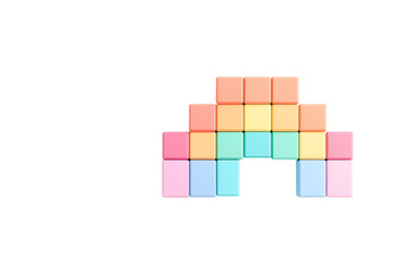 A colorful arrangement of blocks shaped like a rainbow arc, featuring pastel hues that create a visually appealing design.