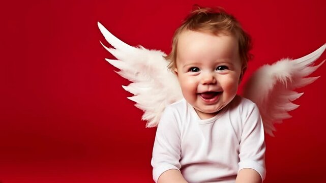 A cheerful baby angel cupid with white wings posing on a vibrant red background. The adorable cherub spreads joy and love with its delightful presence.