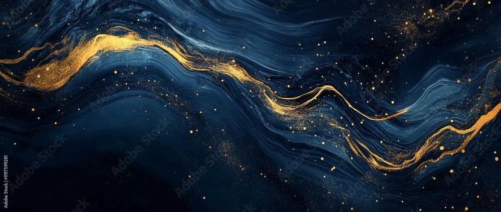 Poster elegant blue and gold abstract lines on a dark backdrop, featuring smooth gradients and simple shape