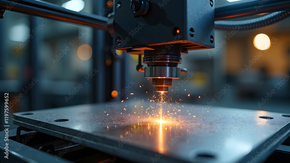 Poster a close-up of a 3d printer creating a metal component in an industrial workshop, showcasing intricat
