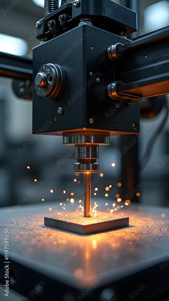 Poster a close-up of a 3d printer creating a metal component in an industrial workshop showcasing precision