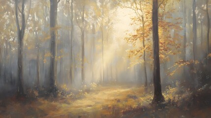 A foggy autumn morning in the forest with sunlight