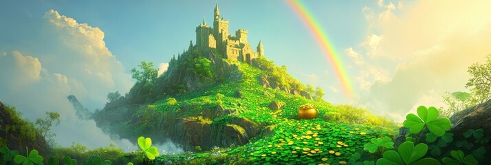 Enchanted hilltop castle with rainbow and pot of gold in lush green hills