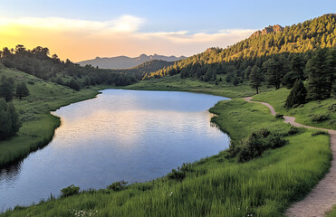 Obraz premium A serene lake nestled in the mountains, reflecting the golden hues of sunset with lush greenery on its shore 2