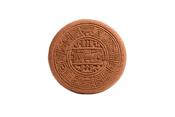 A round, engraved clay seal featuring intricate designs and symbols.