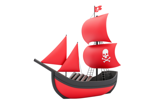A vibrant red pirate ship with large sails and a skull emblem, featuring a flag at the top and a detailed hull with multiple oars.