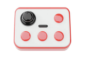 A compact gaming controller featuring a joystick, four buttons, and a sleek design in white and red colors.