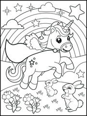 Superhero Unicorn Coloring Page for Kids. A Fun and Printable Black and White Activity Sheet for Kindergarten.
