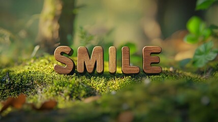 Wooden Smile Sign in Mossy Forest Nature Scene