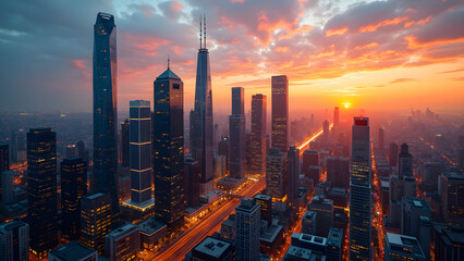 Obraz premium A bustling urban skyline showcases tall skyscrapers against a vibrant sunset, illuminating the financial district with a warm glow and creating a lively atmosphere
