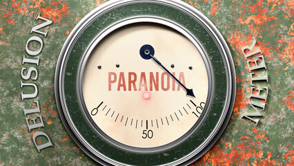 Paranoia and Delusion that is hitting a full scale, showing a very high level of paranoia, overload of it, too much of it. Maximum value, off the charts.  ,3d illustration