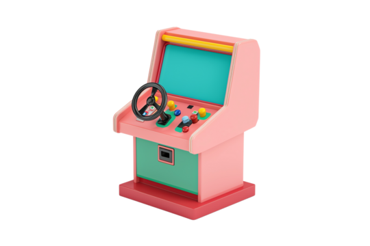 A colorful arcade game machine featuring buttons, a steering wheel, and a vibrant screen area.