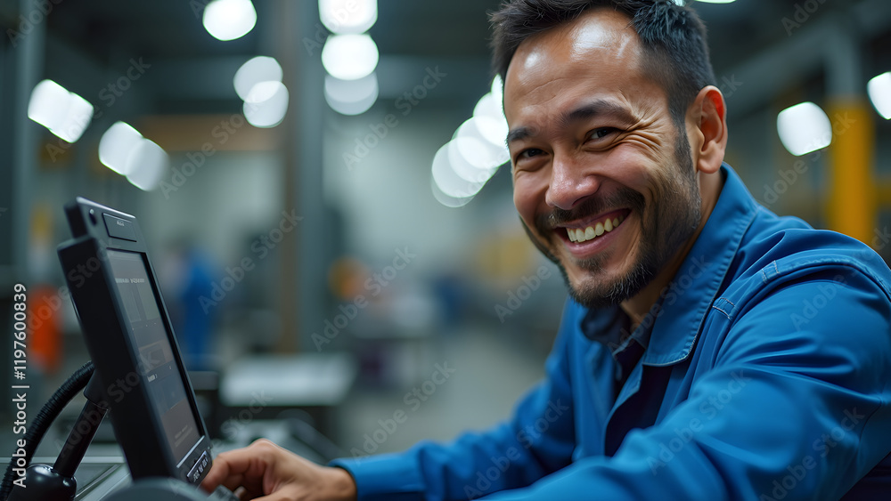Poster a close-up of a middle-aged asian man smiling while operating high-tech machinery in a factory setti