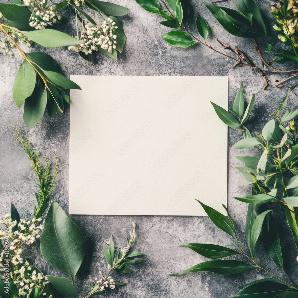 Leinwandbilder empty square mockup surrounded by fresh greenery on textured background for design purposes. generat