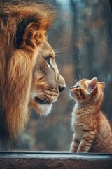Fototapeta premium Curious kitten gazing up at a majestic lion, symbolizing innocence meeting power. The scene blends charm of youthful curiosity with awe inspiring presence of strength and authority.