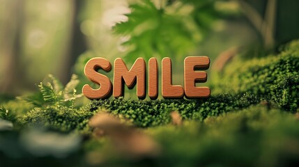 Wooden Smile Sign on Moss in Nature Scene