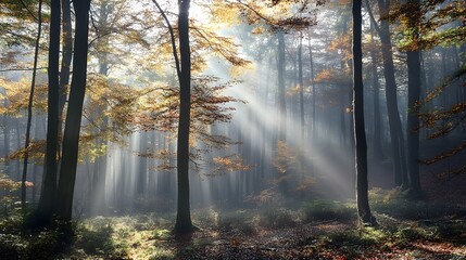 A foggy autumn morning in the forest with sunlight