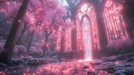 Pink fantasy forest with glowing gothic archway and stream.