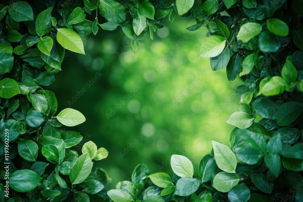 Poster lush green foliage creating a natural frame with ample space for text and a serene blurred backgroun