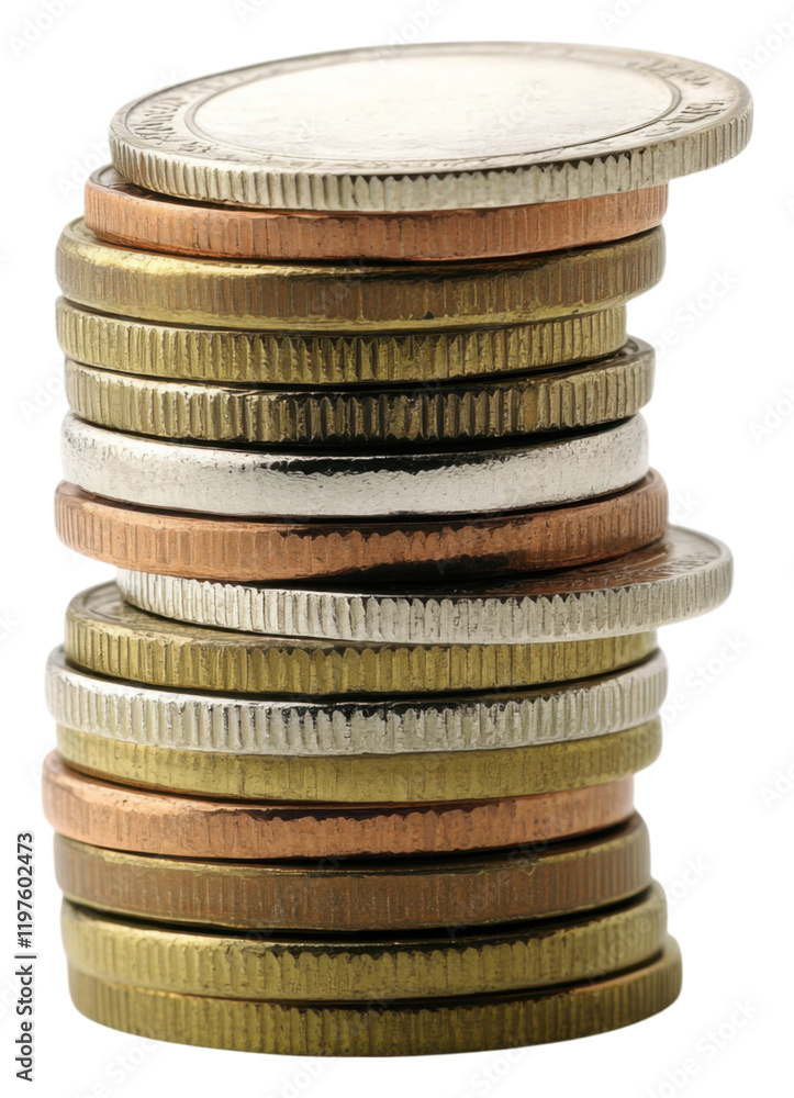 Poster png a stack of various coins arranged neatly, showcasing different colors and sizes.