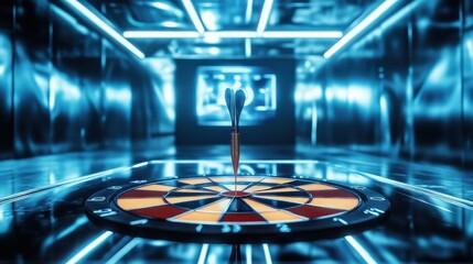 Obraz premium Dart striking the bullseye in a futuristic neon-lit gaming room