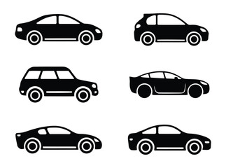 Set of 6 silhouette car icon. Black car collection with white background. Transport symbol vector illustration. 
