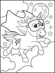 Superhero Unicorn Coloring Page for Kids. A Fun and Printable Black and White Activity Sheet for Kindergarten.
