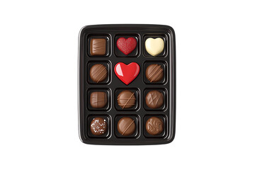 A box of assorted chocolates with heart-shaped pieces in red, white, and various chocolate textures.