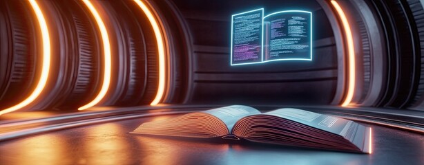 AI-enhanced virtual classrooms with floating holographic books, graphs, and lessons, blending neon lighting and painting-light effects for a futuristic yet educational atmosphere