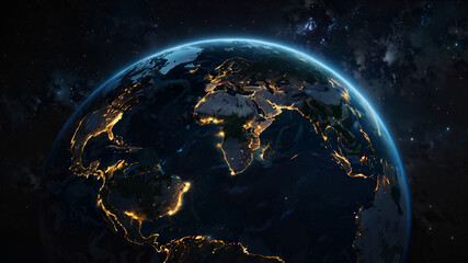 The Earth's outer space at night time a lot of lights from the big cities