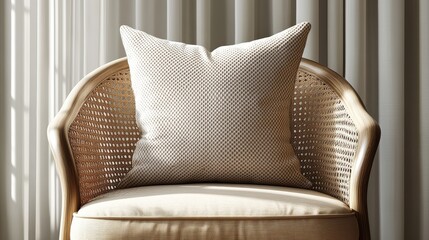 Cozy and Stylish Beige Chair with Textured Pillow in Soft Light