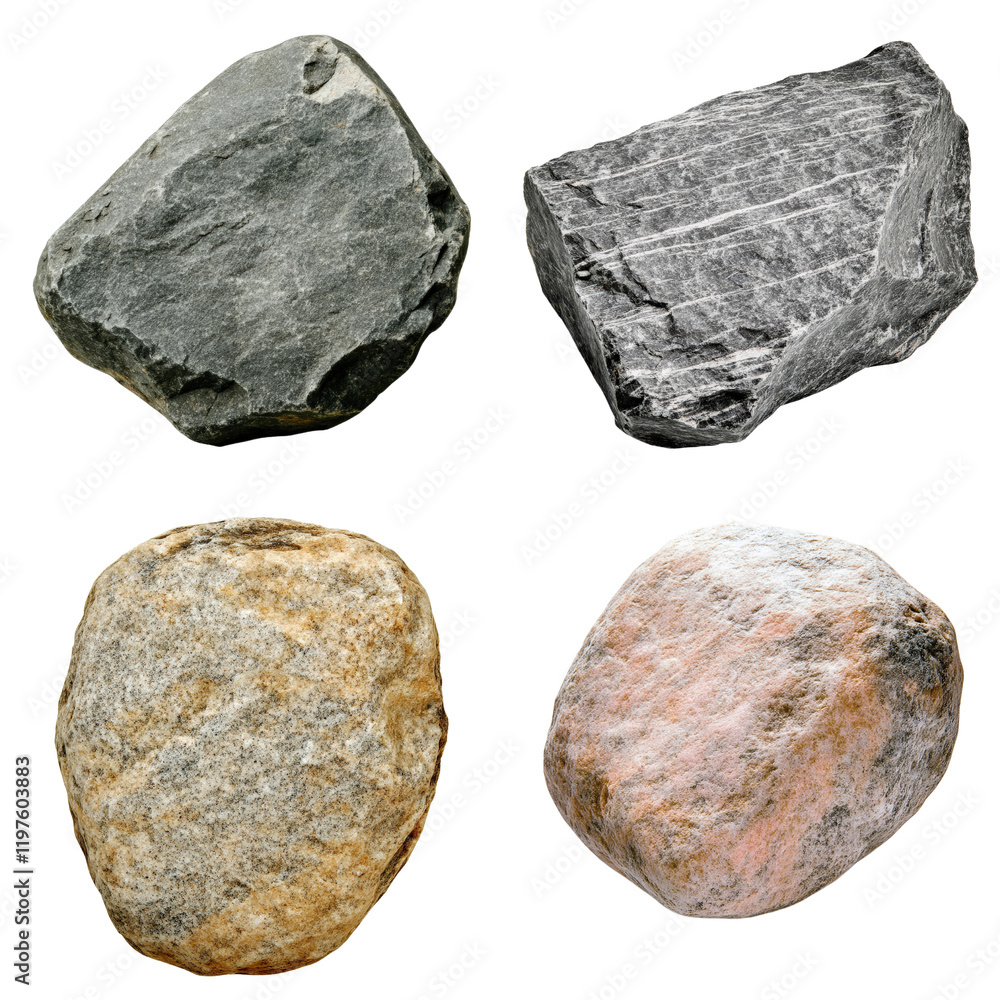 Poster four different colored rocks arranged on a black background for creative and artistic display on whi