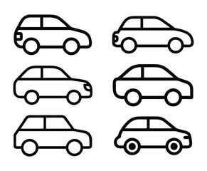 Car silhouette line icon set. vehicle, electric car, transportation, taxi, road, race, automobile and car rental icon set. Set of black modern shapes and Icons of Cars.