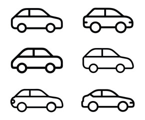 Car silhouette line icon set. vehicle, electric car, transportation, taxi, road, race, automobile and car rental icon set. Set of black modern shapes and Icons of Cars.